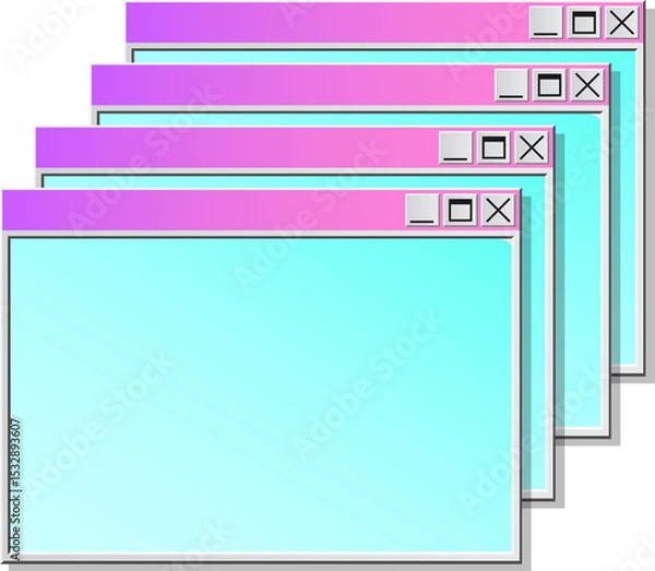 Fototapeta Showing stacking app windows with violet-pink gradient bars and control icons on transparent canvas
