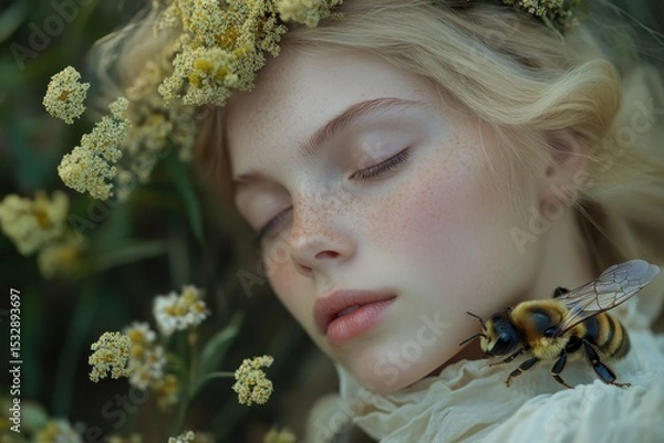 Obraz Delicate honey bee resting on a woman's shoulder in a serene Swedish meadow surrounded by blooming flowers in early summer light