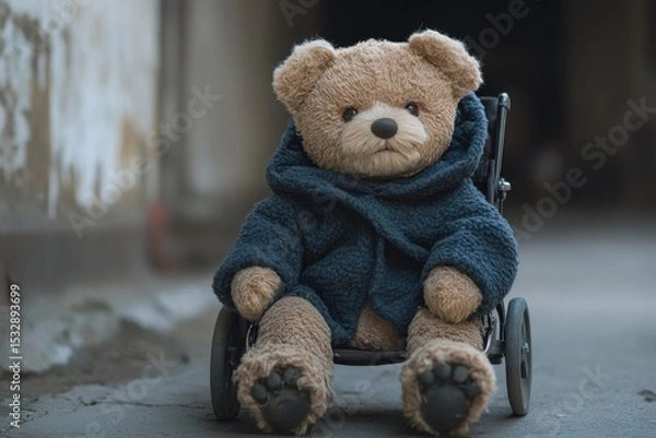 Obraz Realistic teddy bear in a wheelchair wearing a cozy blue coat sitting against a weathered wall in an urban setting during the day