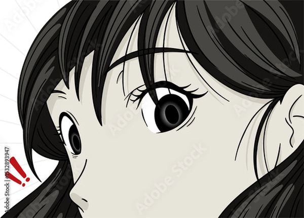 Fototapeta Manga closeup eye is showing surprise with speed lines and red!! symbol on transparent backdrop