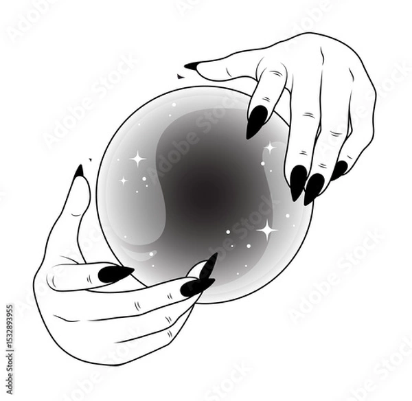 Fototapeta Stylized monochrome art showing hands holding sparkling crystal ball on transparent background