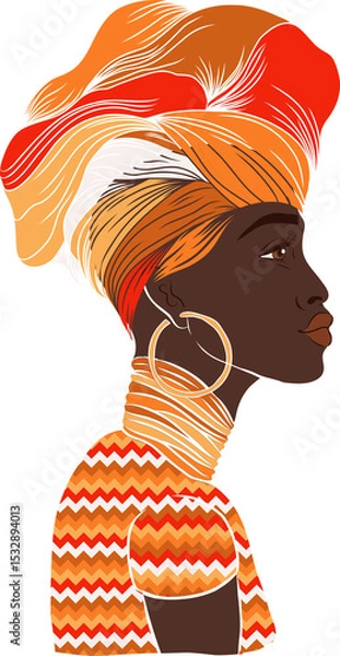 Obraz Profile portrait is showing flat design with bold headwrap gold jewelry on transparent background