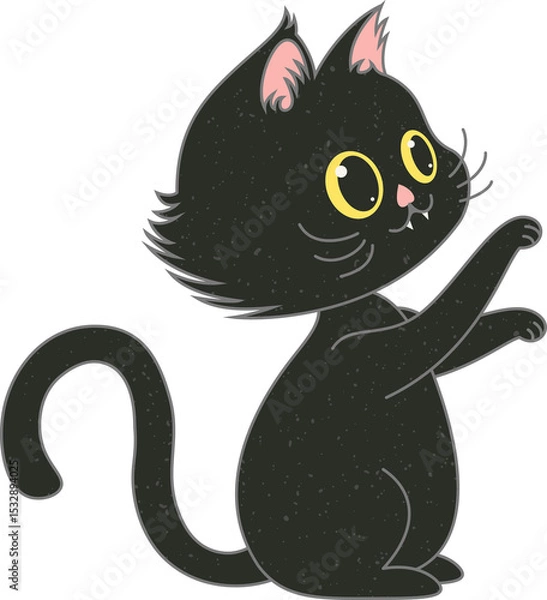 Obraz Cartoon black cat is posing in flat design, yellow eyes, fangs, transparent background, copy space