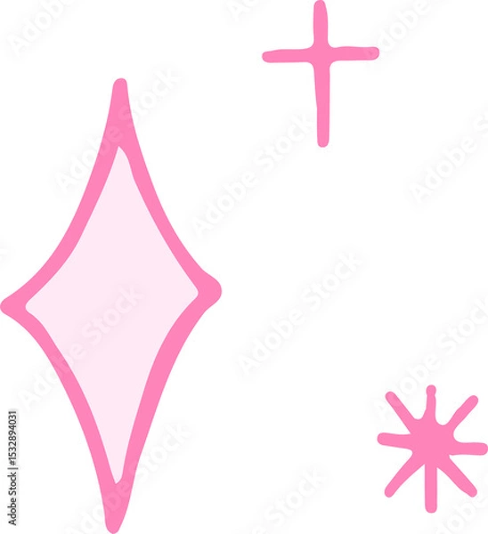Fototapeta Three pink sparkles are shining on transparent canvas with diamond cross starburst, copy space