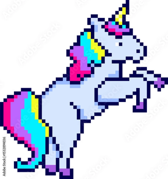 Fototapeta Pixel art unicorn is rearing on hind legs on transparent background, showcasing pastel rainbow mane