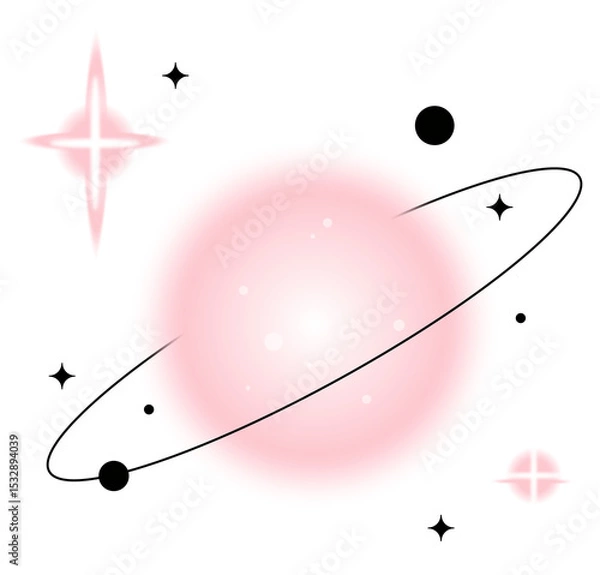 Fototapeta Flat design pink planet orbiting in black ring with sparkles, dots on transparent, copy space