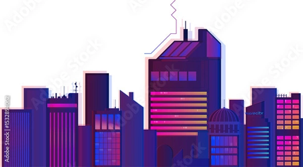 Fototapeta Stylized neon cityscape is glowing over transparent background, highlighting gradient skyscrapers