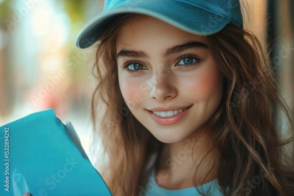 Obraz Young woman with long hair and cap joyfully receiving a blue parcel in a sunny outdoor setting, showcasing a cheerful moment of delivery and connection