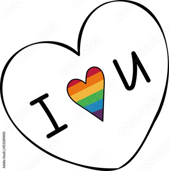 Obraz Flat vector design is showing I rainbow-striped heart U within black outline on transparent canvas