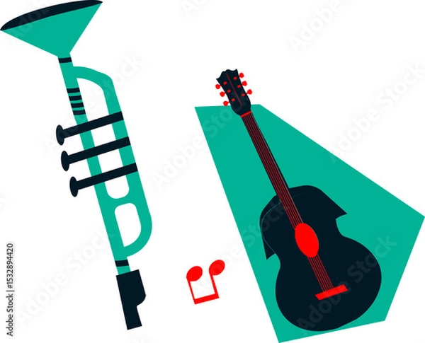Fototapeta Vector illustration is showing trumpet and guitar with floating red notes on transparent background