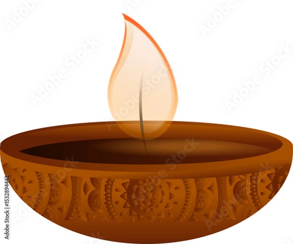 Fototapeta Flat design terracotta diya is glowing soft flame, showing mandala carvings, transparent background