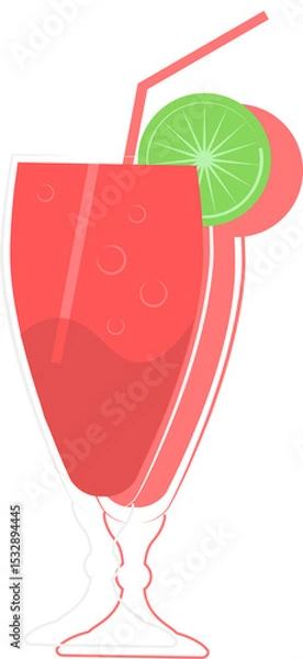 Obraz Displaying flat-design glass with red-pink fizz, white straw and lime garnish on transparent canvas