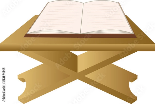 Fototapeta flat illustration showing open lined book on wooden stand with cutouts, transparent background