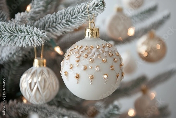 Obraz Closeup view of stylish white and gold Christmas tree decorations featuring elegant ornaments and shimmering details displayed on a beautifully adorned Christmas tree