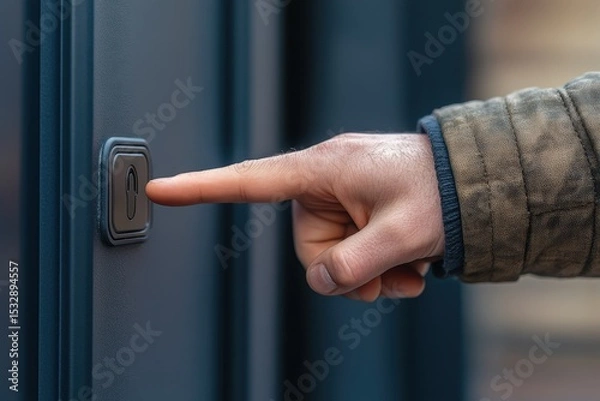 Obraz Man presses button on door in urban setting during daylight while wearing a jacket