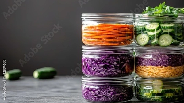 Fototapeta Colorful Layers of Fresh Vegetables in Stacked Glass Jars on a Dark Background