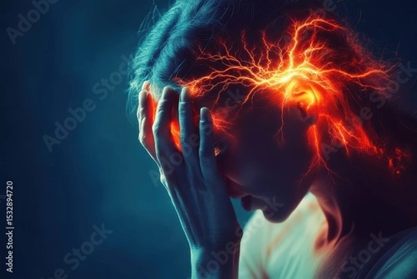 Obraz Experiencing intense pain from migraine as visualized by electric-like signals around the head in a dimly lit space