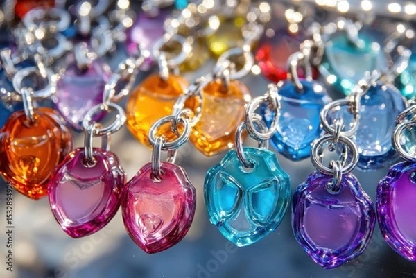 Obraz Colorful assortment of key chains featuring various shapes and vibrant hues displayed on a shiny surface, showcasing craftsmanship and creativity in accessory design