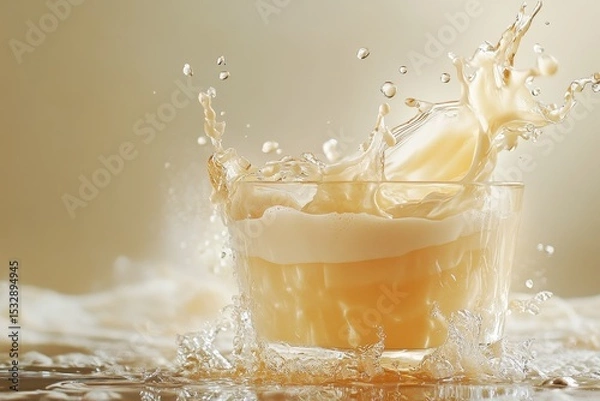 Obraz Creamy beige cocktail drink splashes in a glass filled with cognac liquor, showcasing a moment of vibrant celebration at a stylish gathering
