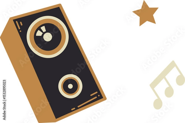Obraz Stylized illustration is featuring speaker with gold star and beige music-note on clear background