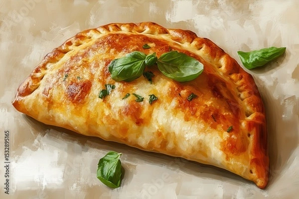 Obraz Deliciously baked calzone filled with cheese and served with fresh basil leaves on a neutral background showcasing culinary artistry