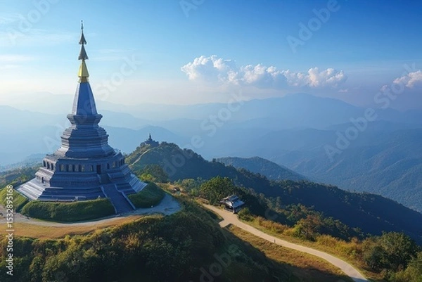 Obraz Experience breathtaking views from Doi Inthanon, the highest peak in Thailand, showcasing its stunning landscapes and majestic chedis amidst clear skies