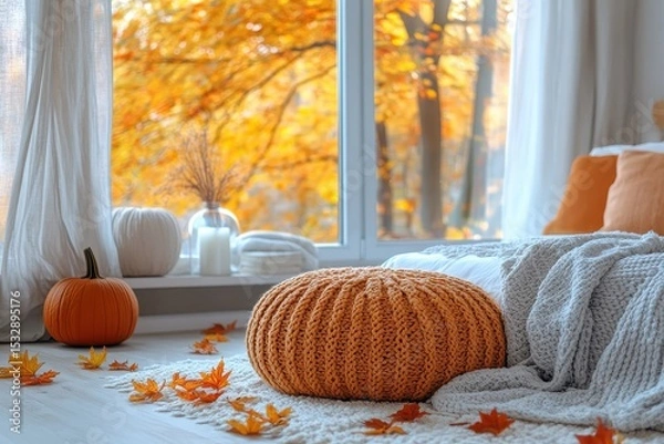 Obraz Cozy bedroom decorated for autumn with poufs and warm colors by a large window overlooking vibrant fall foliage