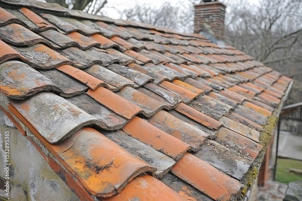 Obraz Workman repairs leaking ridges on tile roofing during mid-morning hours in a residential area with trees in the background