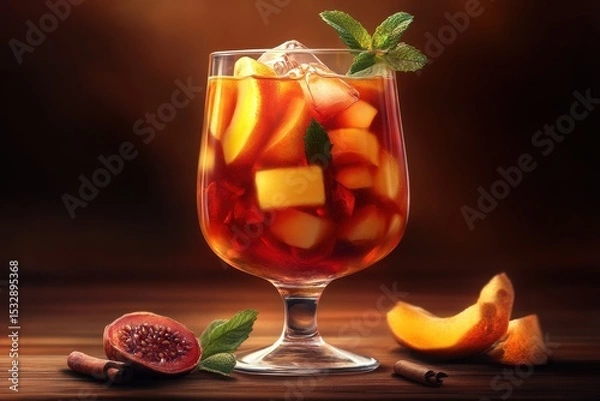 Obraz Bright hot cocktail with mulled wine, fresh fruits, and mint garnished, served in an elegant glass during a cozy evening gathering