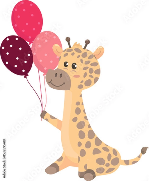 Obraz Whimsical giraffe sitting upright and holding four polka-dotted balloons on transparent background