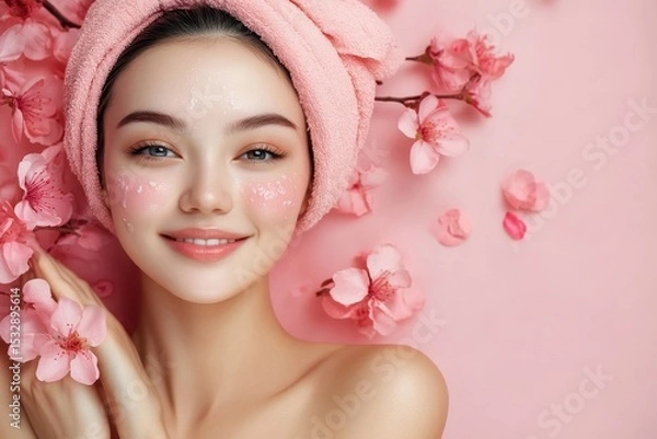 Obraz Radiant beauty showcasing healthy skin care routine with floral accents and a cheerful smile in a serene setting