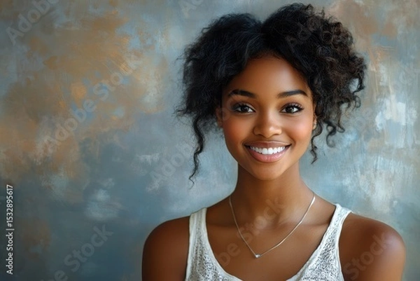 Obraz Smiling young African American woman with natural hair showcases joy against a textured background during a casual indoor setting