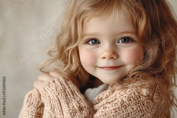 Obraz Cute little child girl with curly hair smiling warmly, embracing cozy knitwear indoors on a soft textured background during a calm afternoon