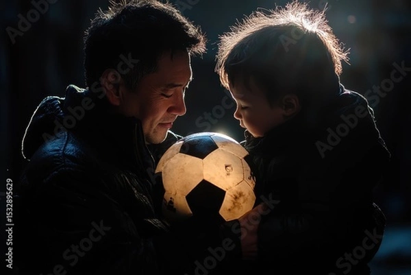Obraz Father and young child share a special moment while holding a soccer ball during a quiet evening outdoors in soft light