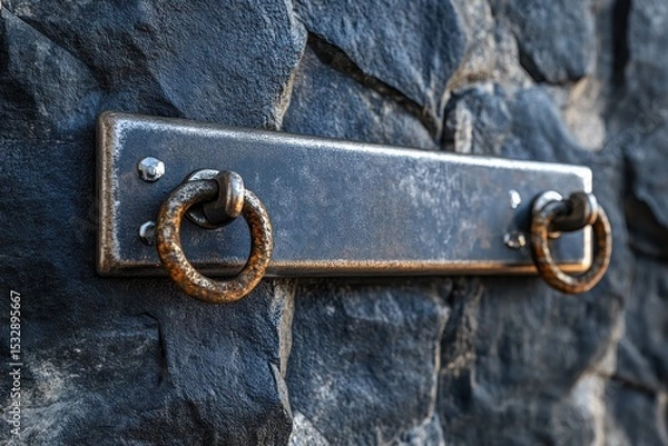 Obraz Realistic depiction of a sturdy steel wall hanger mounted on a textured stone wall, showcasing its functionality and industrial aesthetic