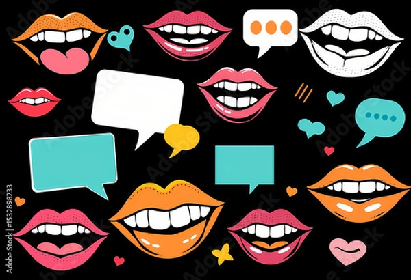 Fototapeta Trendy Pop Art Mouths and Colorful Speech Bubbles in Retro Comic Style Collage on Black