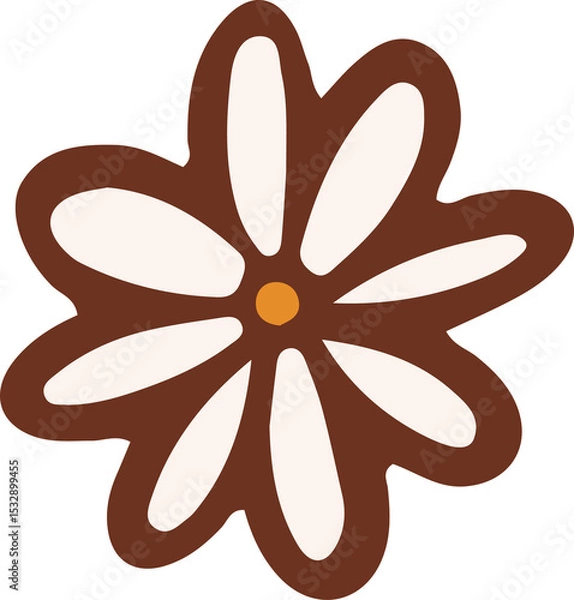 Fototapeta Flat daisy-like flower is floating, ivory petals, orange center, brown outline, clear background