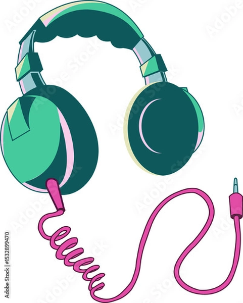 Obraz Flat design is showing over-ear headphones with teal accents, magenta cable, transparent background