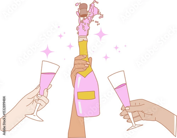 Fototapeta Vector art is depicting hands toasting with popping pink champagne, flutes, sparkles, transparent