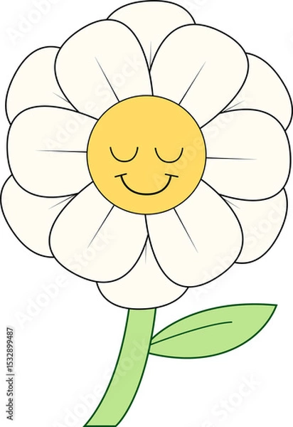 Fototapeta Cartoon daisy is smiling in flat design with yellow face and white petals on transparent background