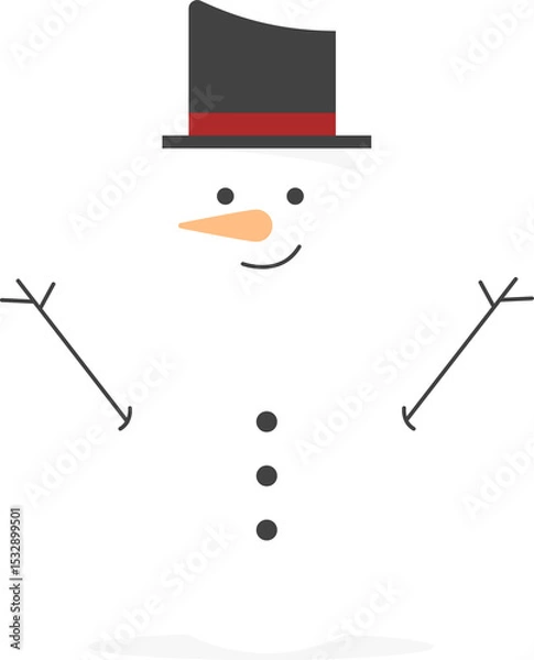 Obraz Flat cartoon snowman is standing with black top hat, carrot nose, twig arms, transparent background