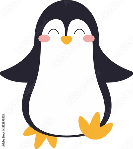 Obraz Cartoon penguin is standing upright in flat vector style with rosy cheeks, transparent background