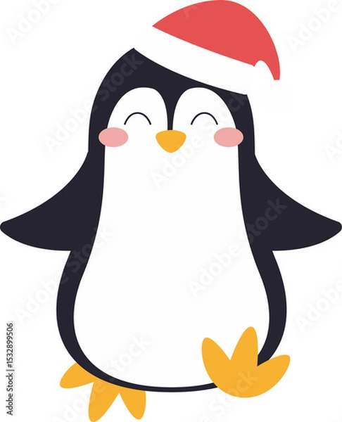 Fototapeta Cartoon penguin is posing on transparent background wearing red Santa hat while lifting orange foot