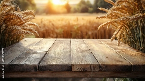 Fototapeta Wooden table top with copy space on wheat field background, display for product montage