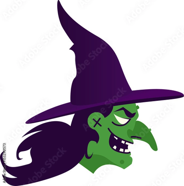 Fototapeta Witch head is showing side-profile flat design with pointed purple hat on transparent background