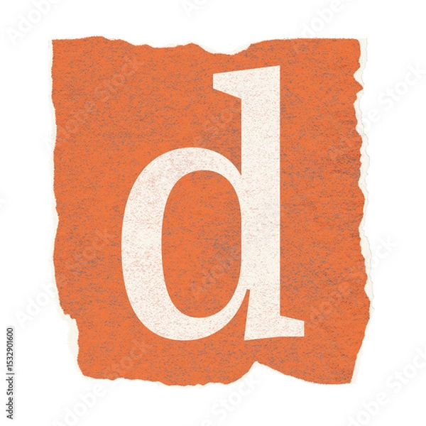 Fototapeta White lowercase serif letter d is sitting on orange torn paper, flat design, transparent background
