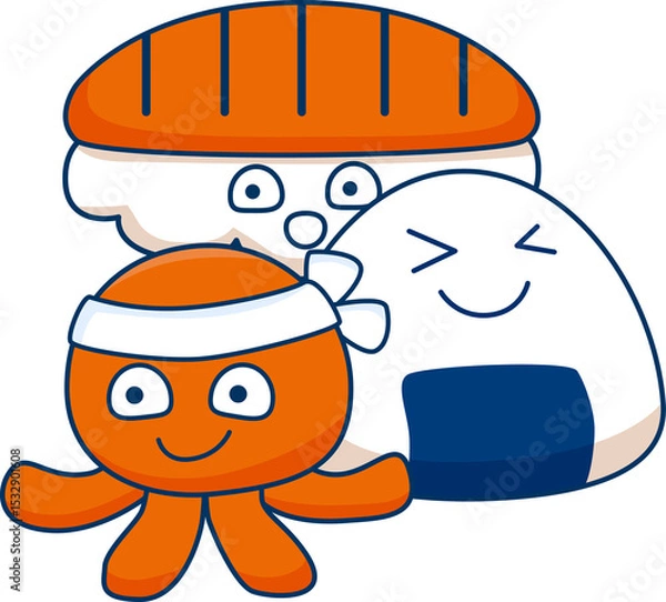 Fototapeta Flat design food mascots are posing on transparent backdrop with octopus headband, sushi, onigiri