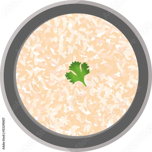 Fototapeta Flat design is showing grey bowl with beige rice and green coriander leaf on transparent background