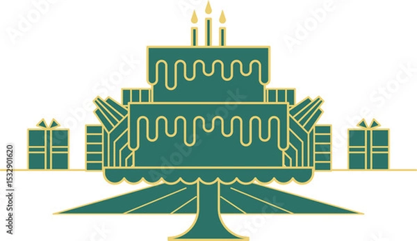Fototapeta Vector-style birthday cake is sitting on pedestal with three candles, gifts, transparent background