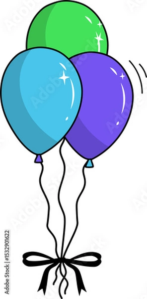 Fototapeta Green, blue, purple balloons are floating in 3D with black strings, ribbon bow on transparent bg
